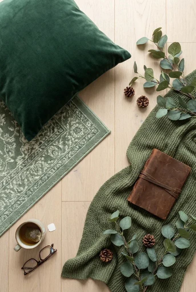 Forest reading nook color palette flat-lay with pine, sage, and moss textiles plus a brown book.