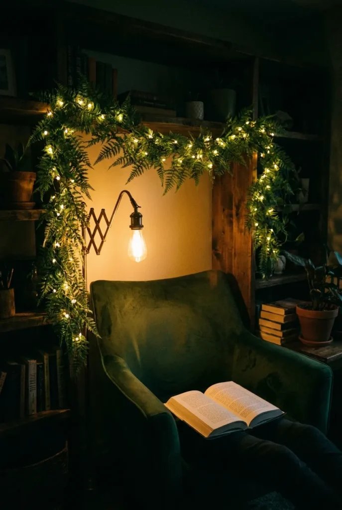 Forest reading nook glowing at night with warm 2700K fairy lights and a swing-arm reading lamp.