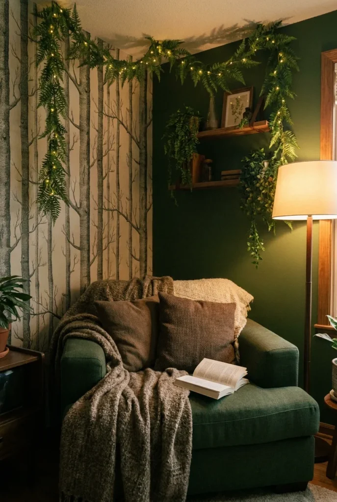 Forest reading nook with green walls, fern garland, warm fairy lights, and a linen armchair in a small corner.