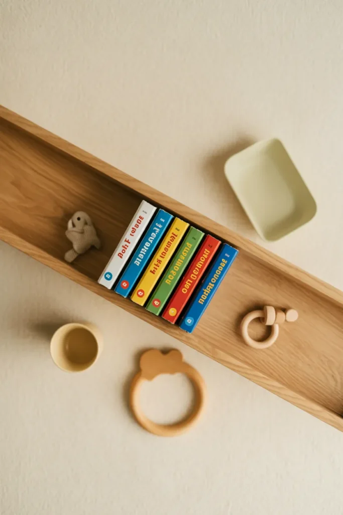 Forward-facing Montessori bookshelf display with six picture books on oak ledge.