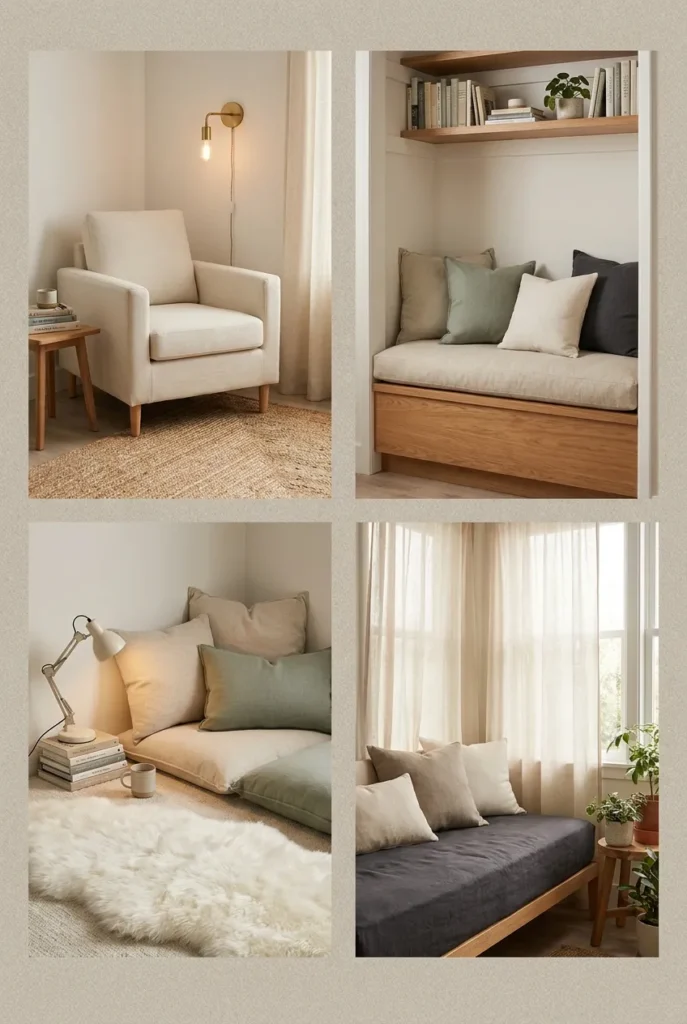 Four hygge reading nook variations including renter's corner, closet, floor cushion, and daybed.