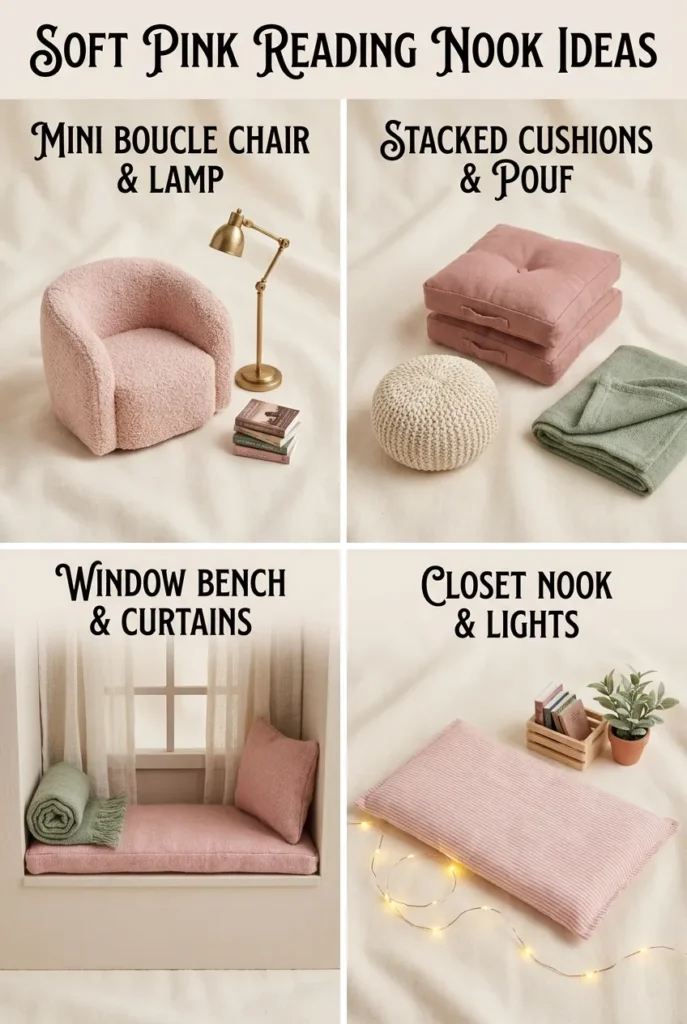 Four pink reading nook ideas including armchair, floor cushions, window bench, and closet nook in a grid layout.