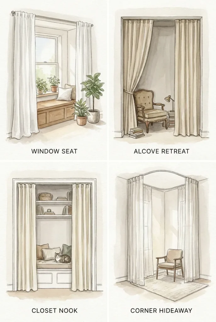 Four reading nook curtain types compared window, alcove, closet, and canopy setups.