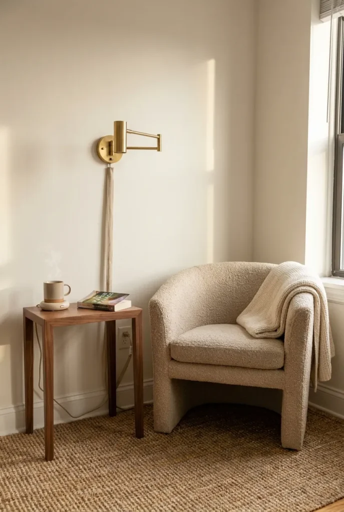 Renter-safe coffee nook reading corner under 400 dollars with beige boucle chair and plug-in brass sconce.
