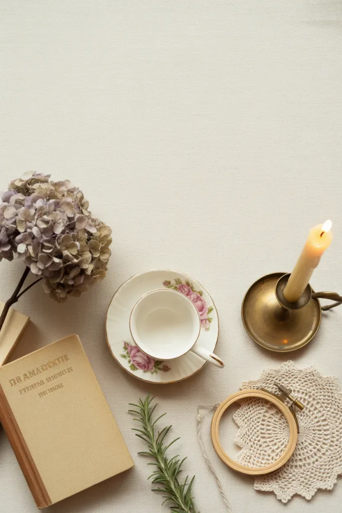 Grandmacore reading nook essentials flat lay with teacup, vintage book, and dried hydrangeas.