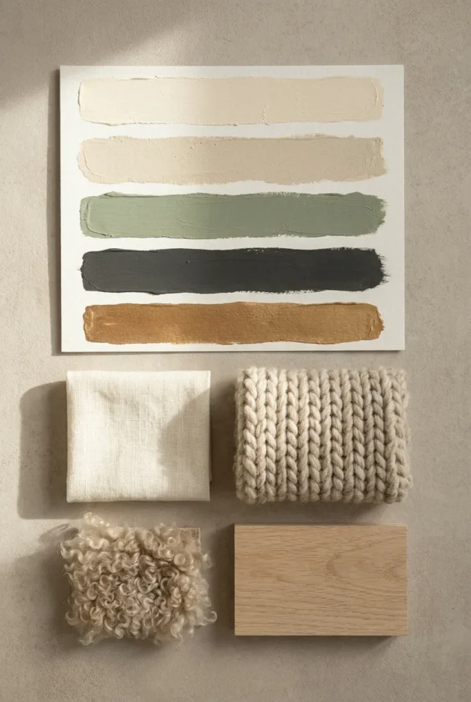 Hygge reading nook color palette with cream, oat, sage, charcoal, and brass swatches.