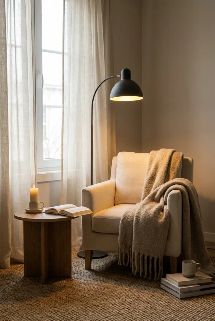 Hygge reading nook with cream armchair, oat wool throw, warm lamp, and a lit candle.