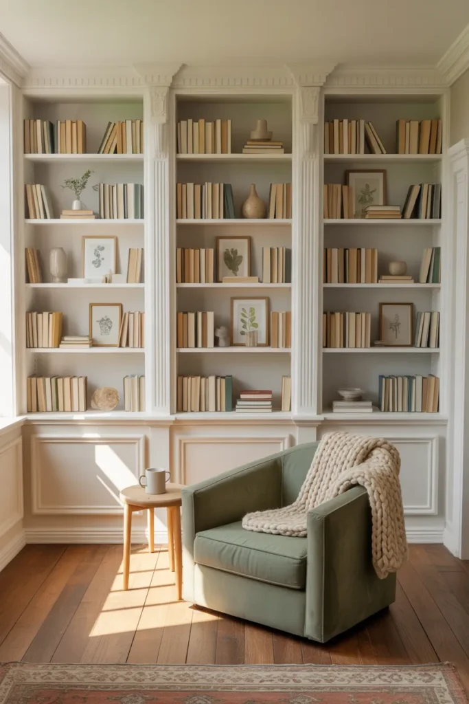 IKEA Billy bookcase hack styled as built in library with sage green armchair