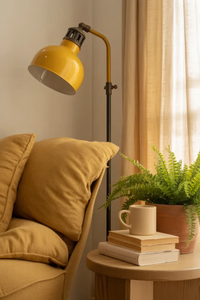 IKEA Hektar mustard floor lamp in cozy reading nook with linen chair