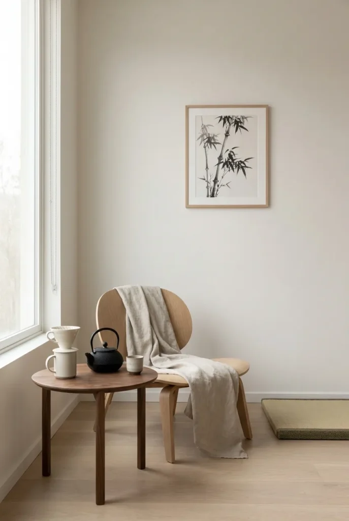 Japandi coffee nook reading corner with white oak chair, ceramic dripper, and cast iron kettle.