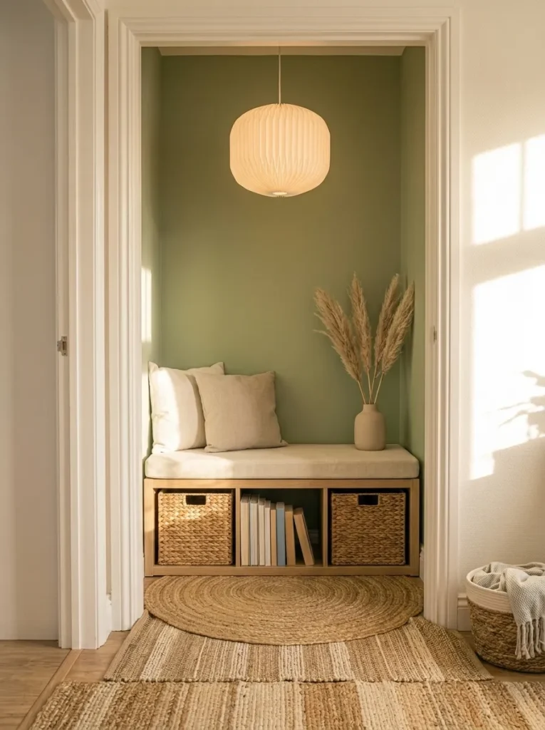 Japandi corner reading nook with low oak bookshelf bench and linen cushion