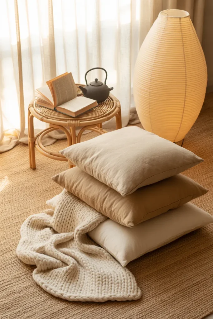 Japandi floor reading nest with stacked linen cushions and rattan table