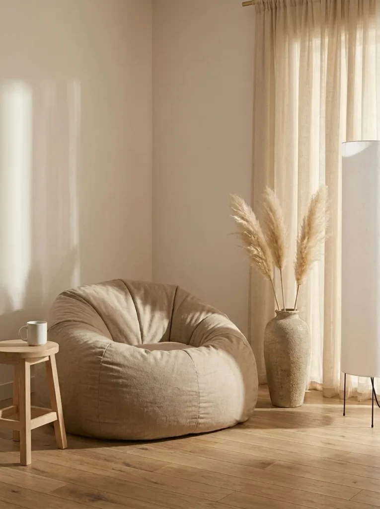 Japandi reading nook bean bag in oat linen with oak stool and pampas grass in a calm corner