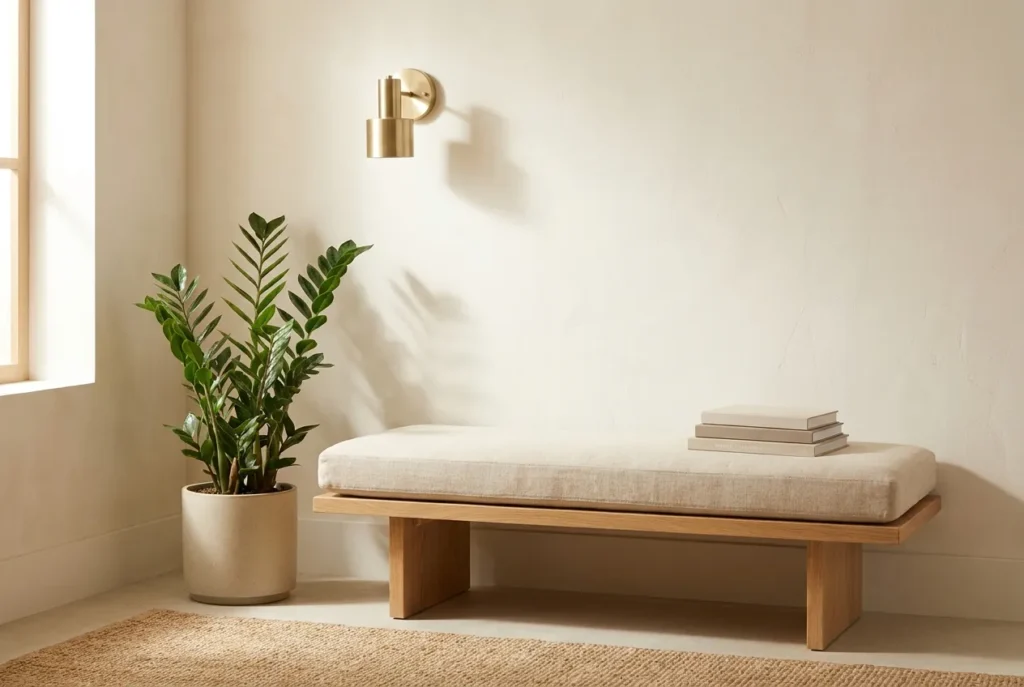 Japandi reading nook with a single ZZ plant and oatmeal stoneware planter.