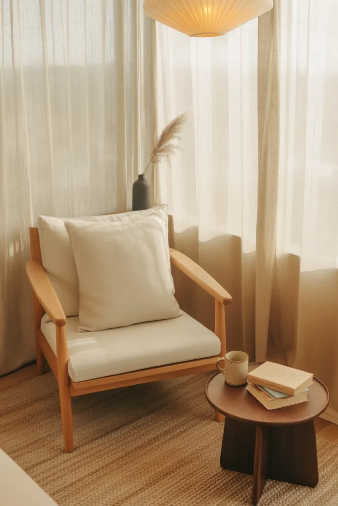 Japandi reading nook with oak chair, linen cushion, jute rug, and paper pendant lamp