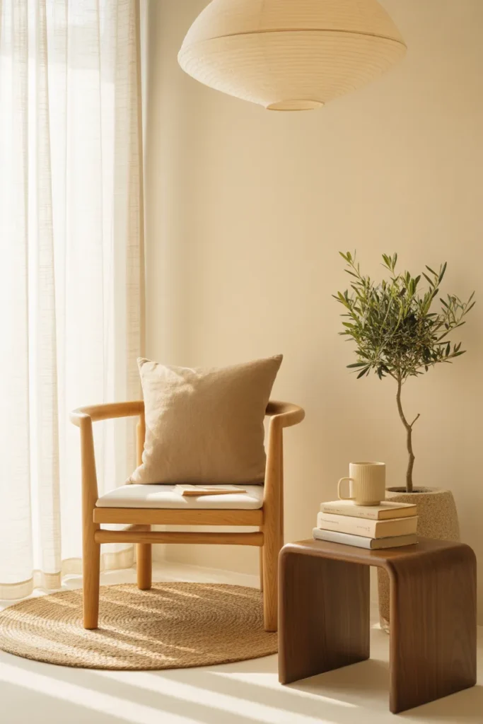 Japandi reading nook with oak chair, paper lamp, and olive tree for Pinterest