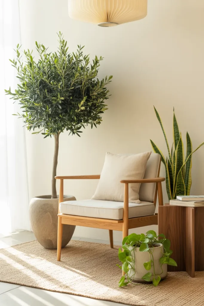 Japandi reading nook with olive tree, snake plant, and oak chair in neutral palette