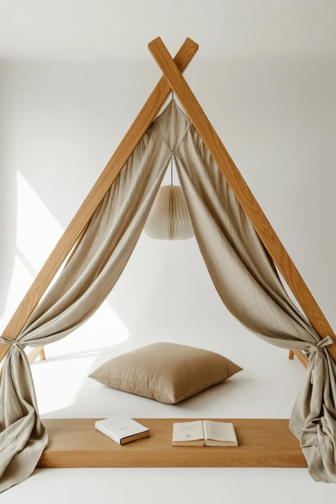 Japandi reading tent with oak A-frame canopy and paper lantern