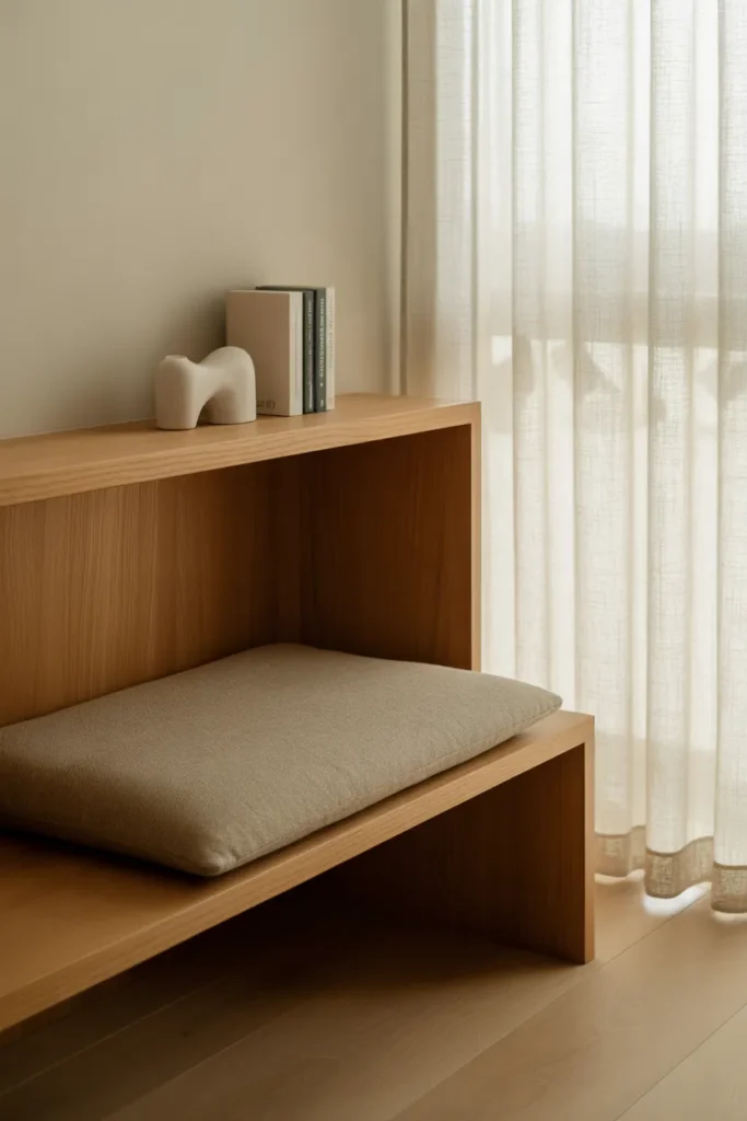 Japandi-style built-in reading nook with white oak shelving and oatmeal linen cushion
