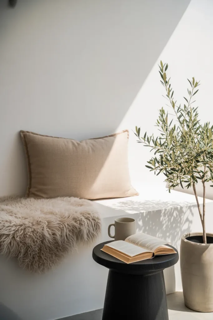 Japandi style small balcony reading nook with floor cushion and olive branch.