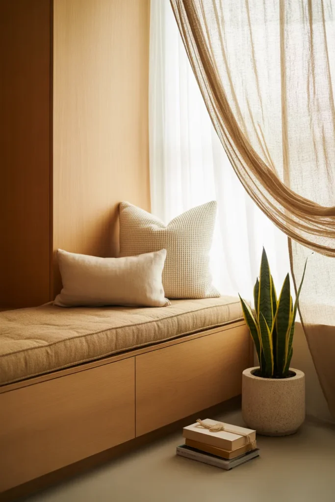 Japandi window bench reading nook with blonde oak base and tonal linen pillows