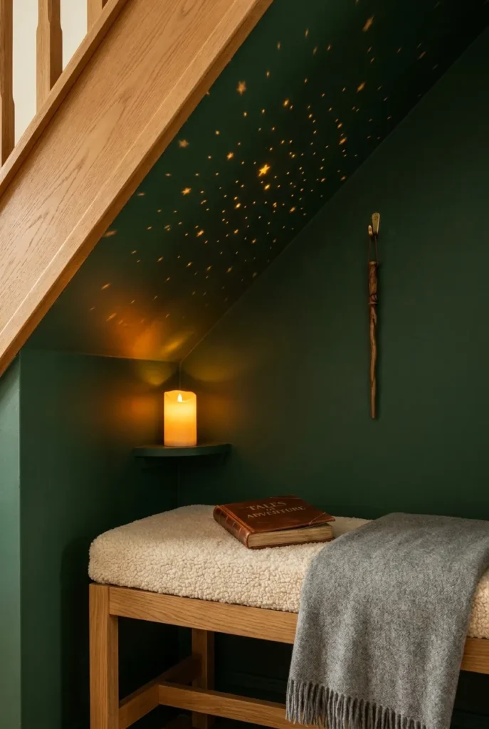 Kids Harry Potter reading nook under stairs with star projector, wand, and warm LED candle.