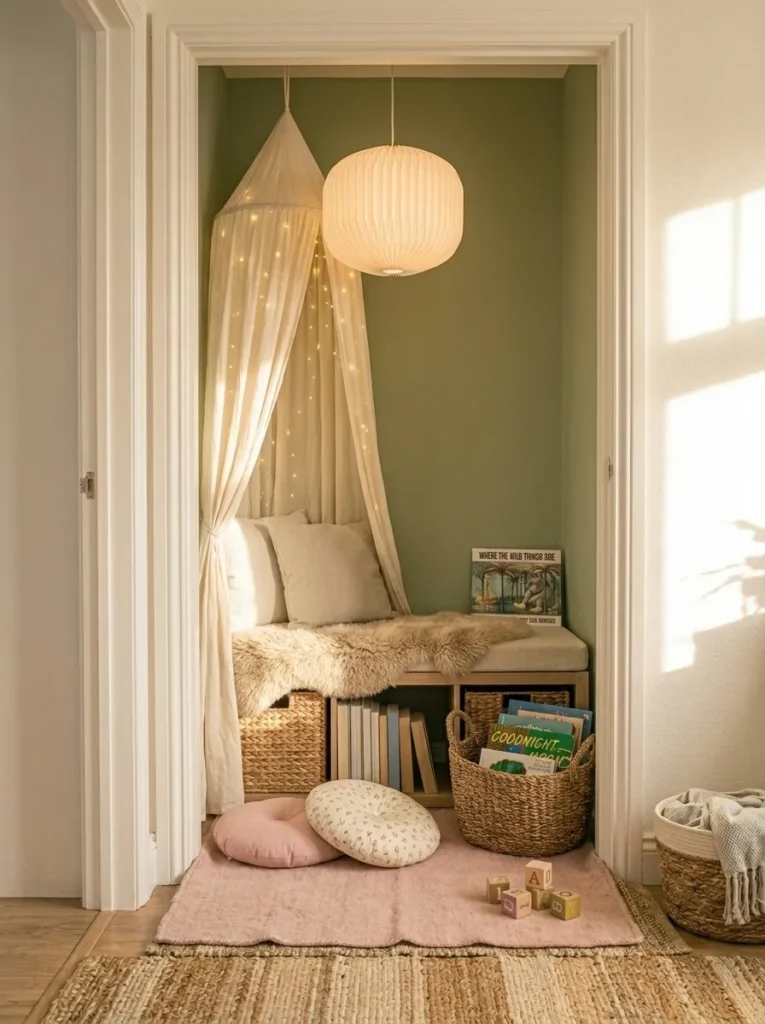 Kids corner reading nook with cream canopy, fairy lights, and picture books