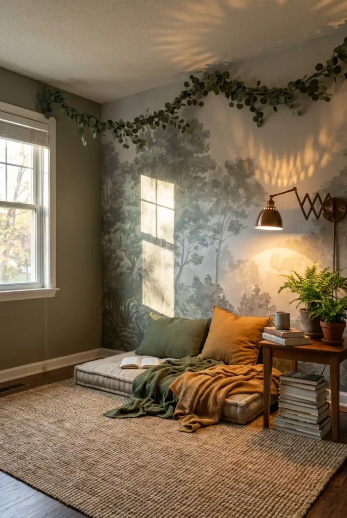 Layered forest reading nook with mural, fern garland, jute rug, and a warm swing-arm lamp.