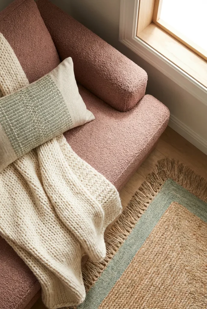 Layered knit throw, boucle cushion, and lumbar pillow in a soft tween reading corner.