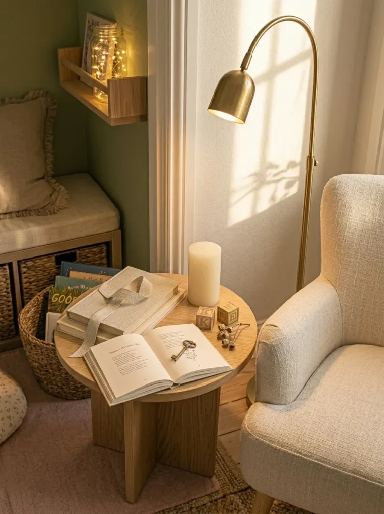Layered lighting in a cozy corner reading nook at golden hour