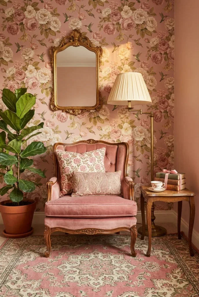 Layered maximalist pink reading nook with floral wallpaper, velvet armchair, gilt mirror, and vintage rug.