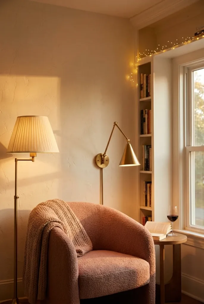 Layered pink reading nook lighting with brass floor lamp, wall sconce, and warm fairy lights at dusk.