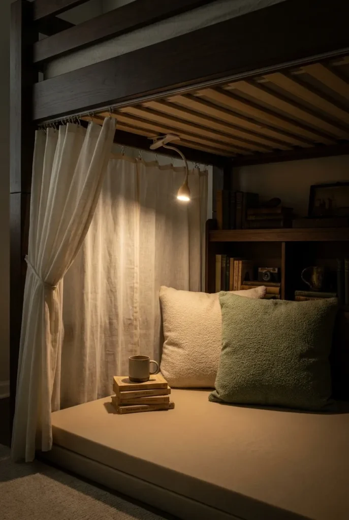 Loft bed reading cave in studio apartment with sheer curtain and warm reading light.