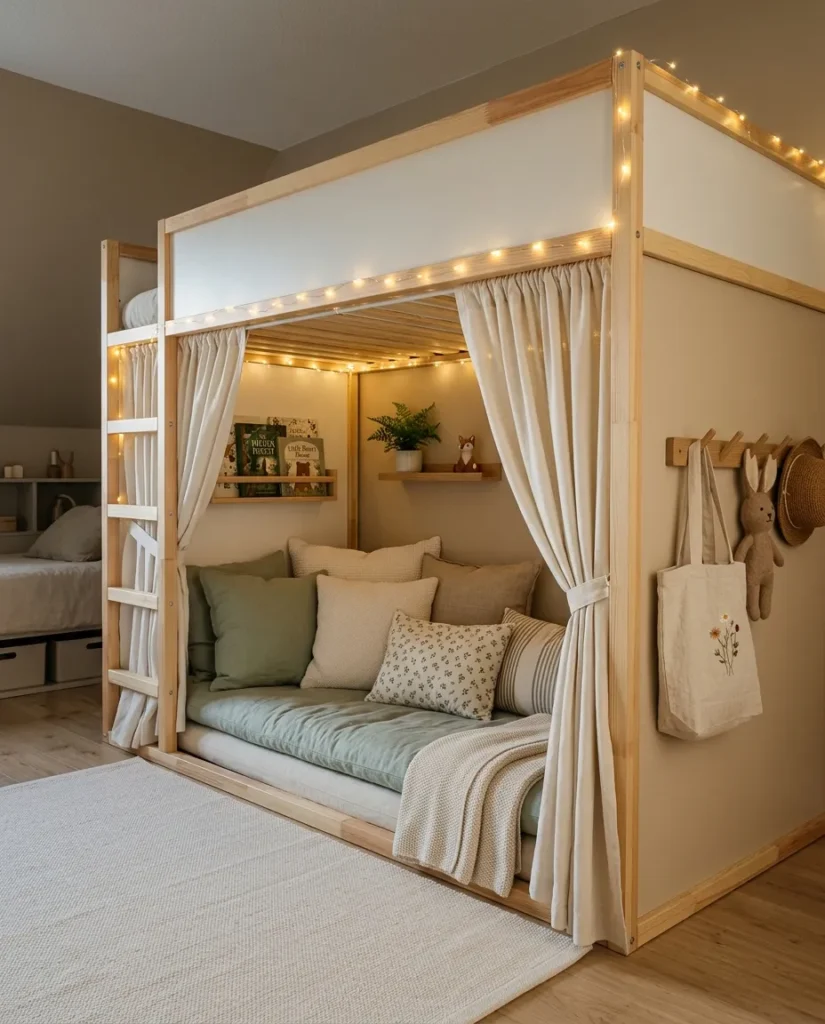 Loft bed with curtained reading nook underneath for shared kids bedroom