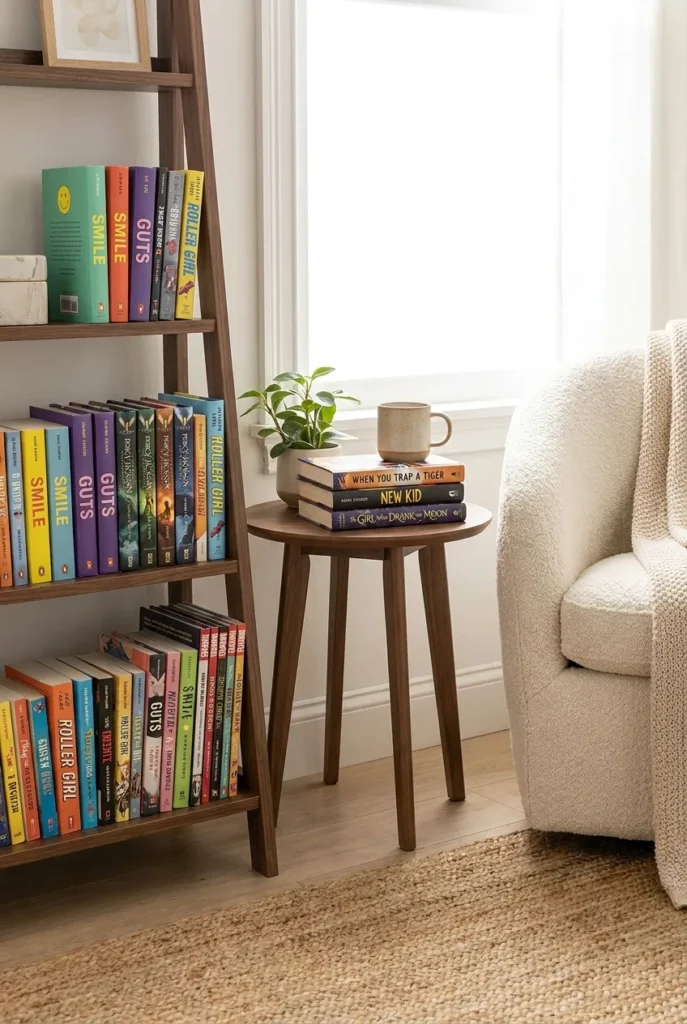 Low ladder shelf stocked with tween paperbacks and graphic novels beside a side table.