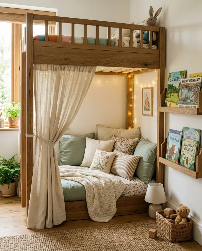 Lower bunk bed reading nook with cream curtain fairy lights and cozy cushions