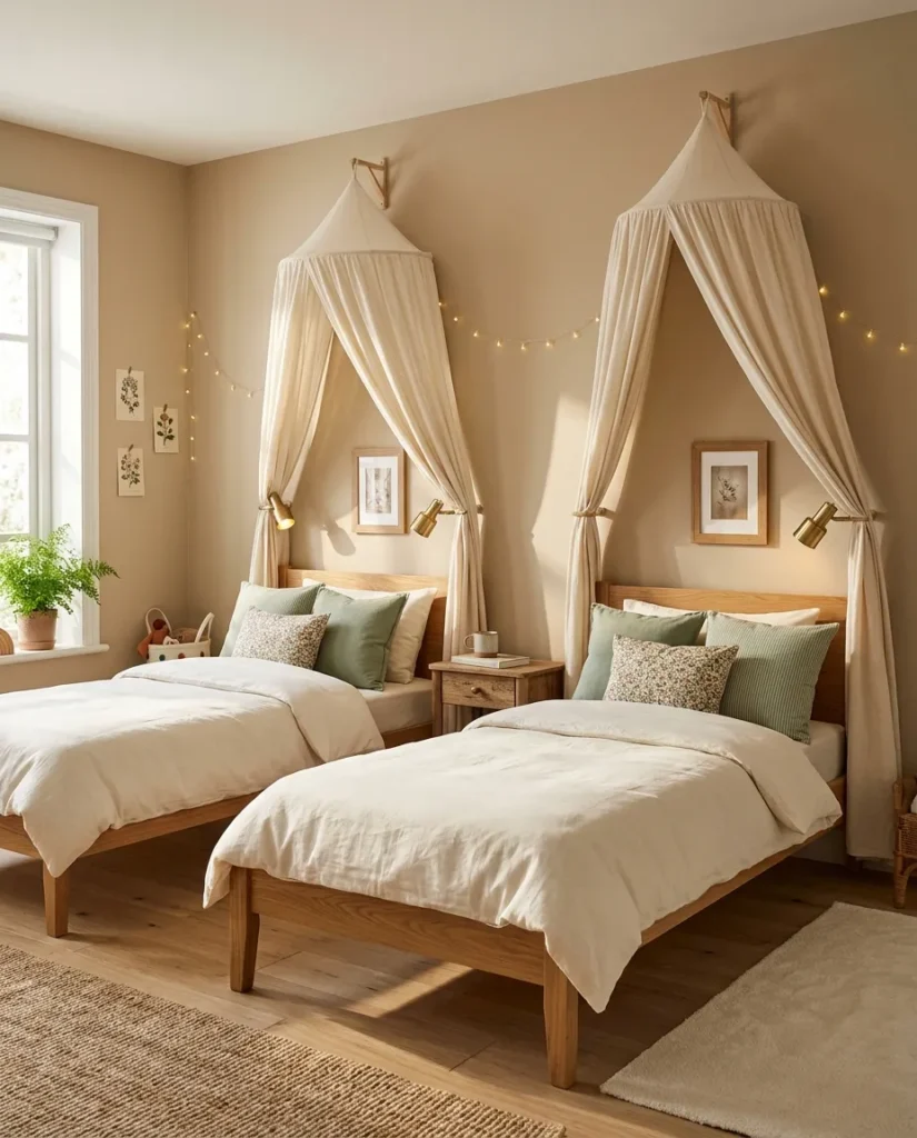 Matching cream canopies over twin beds in shared kids reading nook