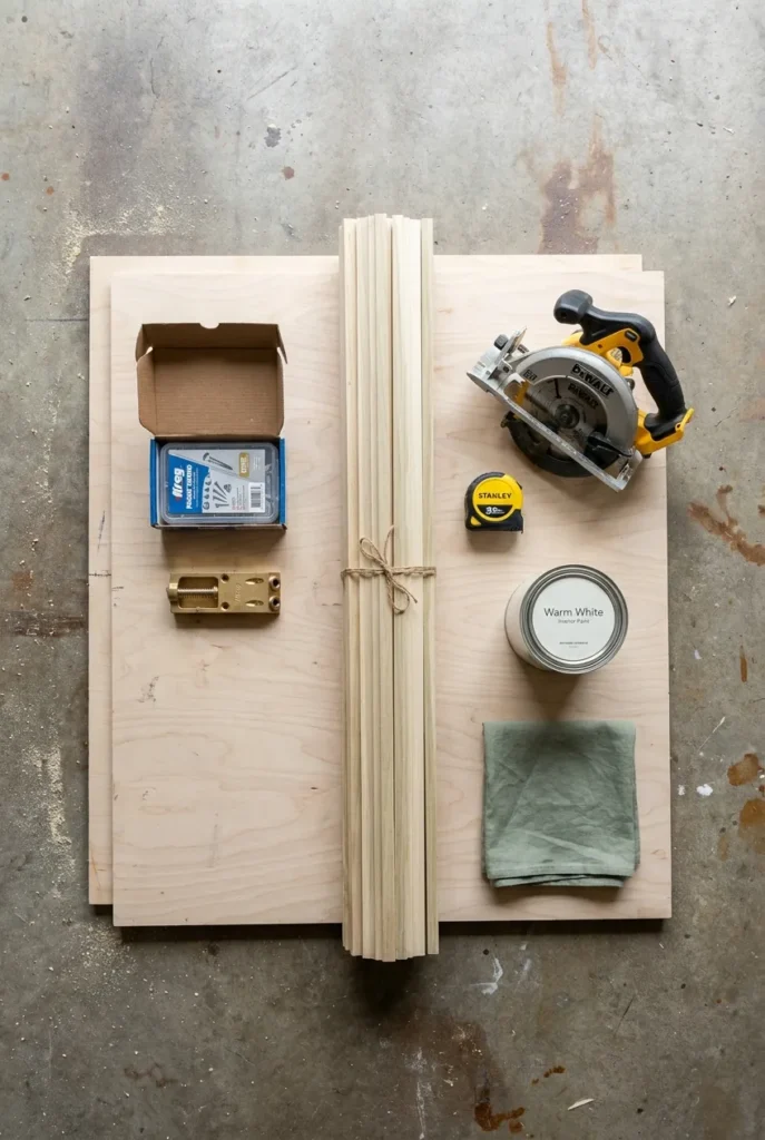 Materials and tools for built-in reading bench plywood, poplar trim, Kreg jig, saw, paint, linen fabric.