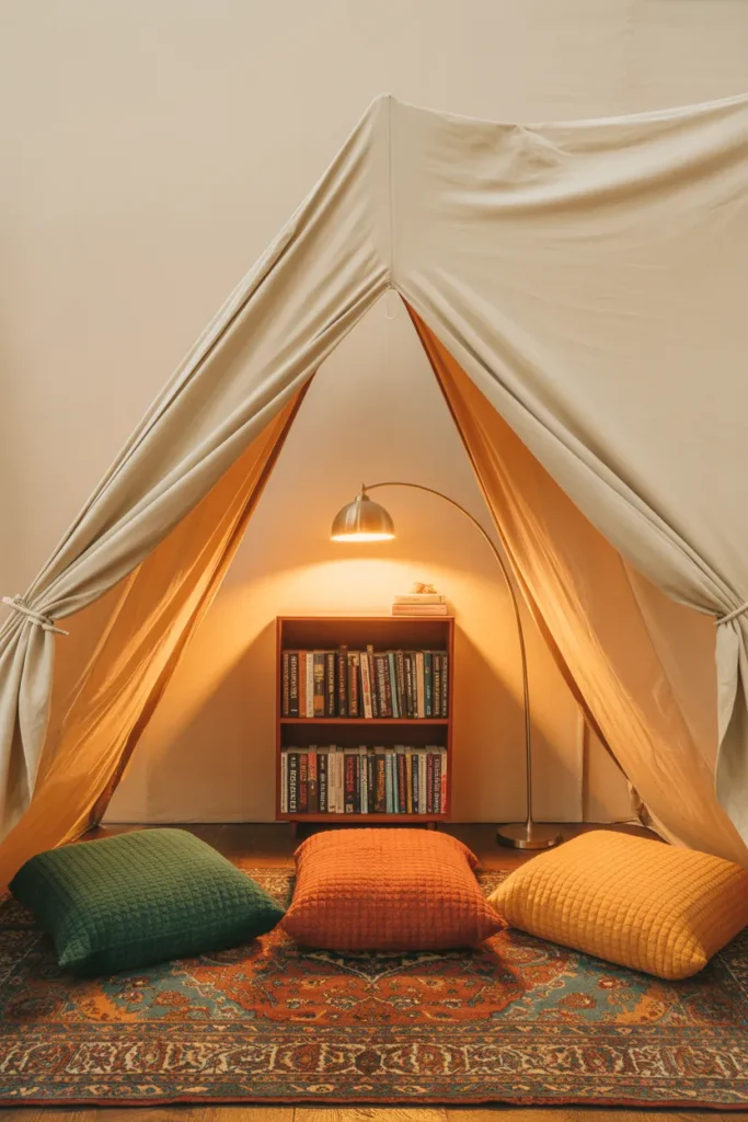 Maximalist adult reading tent with arched lamp and layered rug
