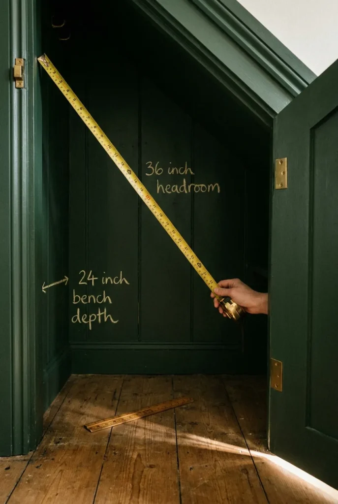 Measuring cupboard under stairs dimensions with chalk notes for headroom and bench depth.