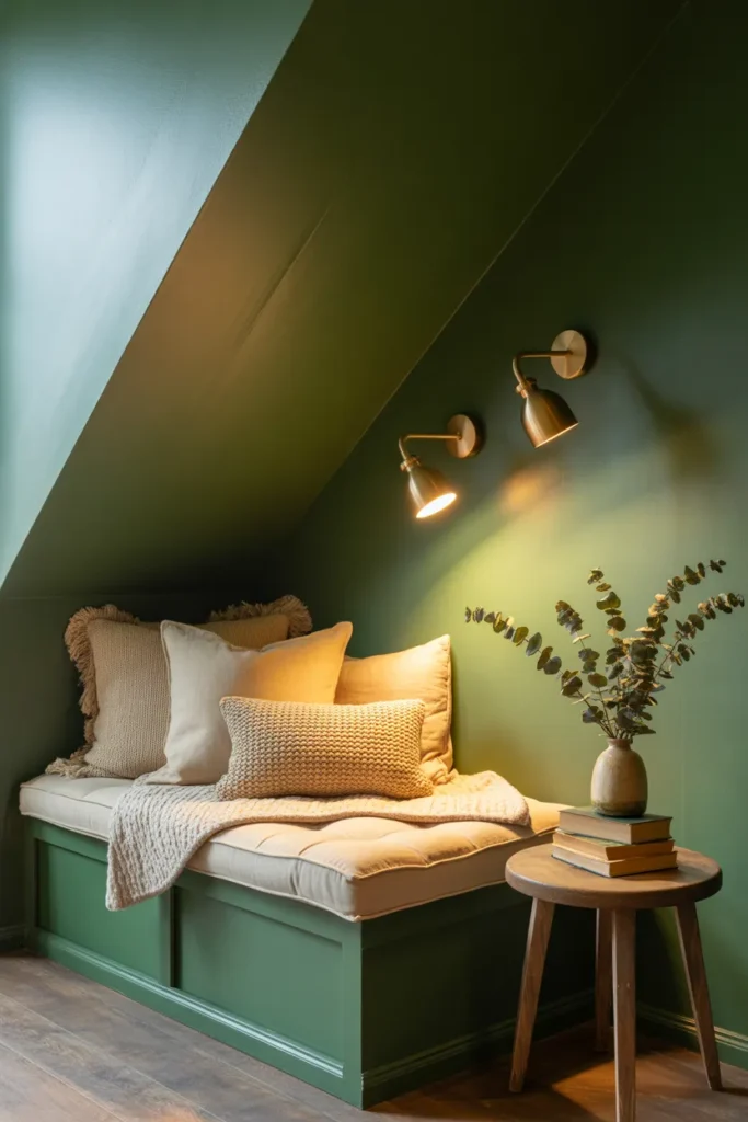 Mid-range under stairs reading nook with painted accent wall and IKEA bench hack