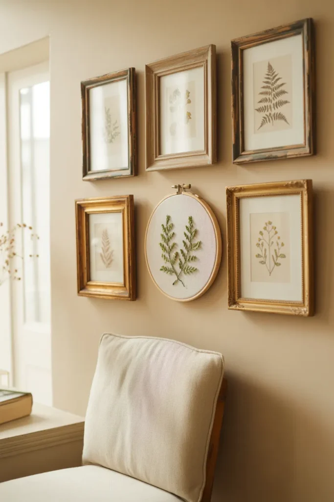 Mismatched vintage gallery wall above a grandmacore reading nook chair.