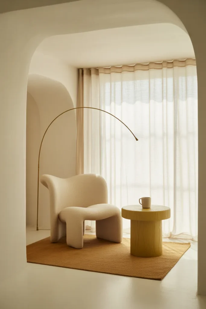 Modern coastal reading nook with cream bouclé lounge chair, oat wool rug, and brass arc floor lamp