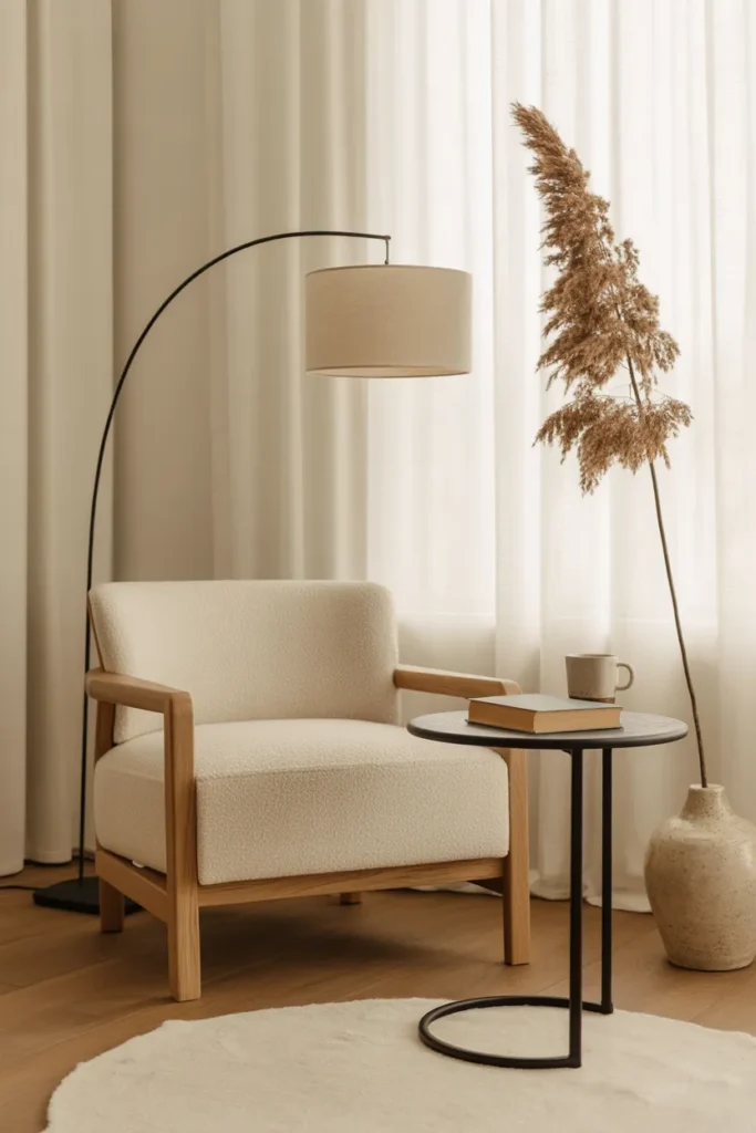 Modern farmhouse reading nook with oak boucle chair, dried pampas, and black metal lamp in Japandi style.