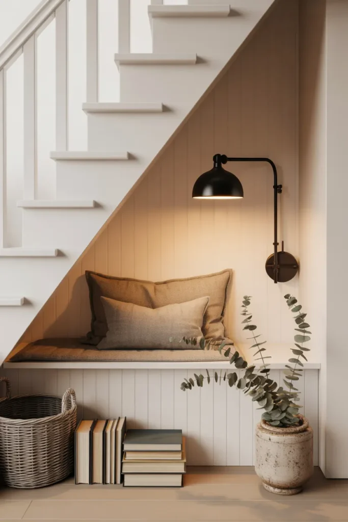 Modern farmhouse under stairs reading nook with shiplap and seagrass basket