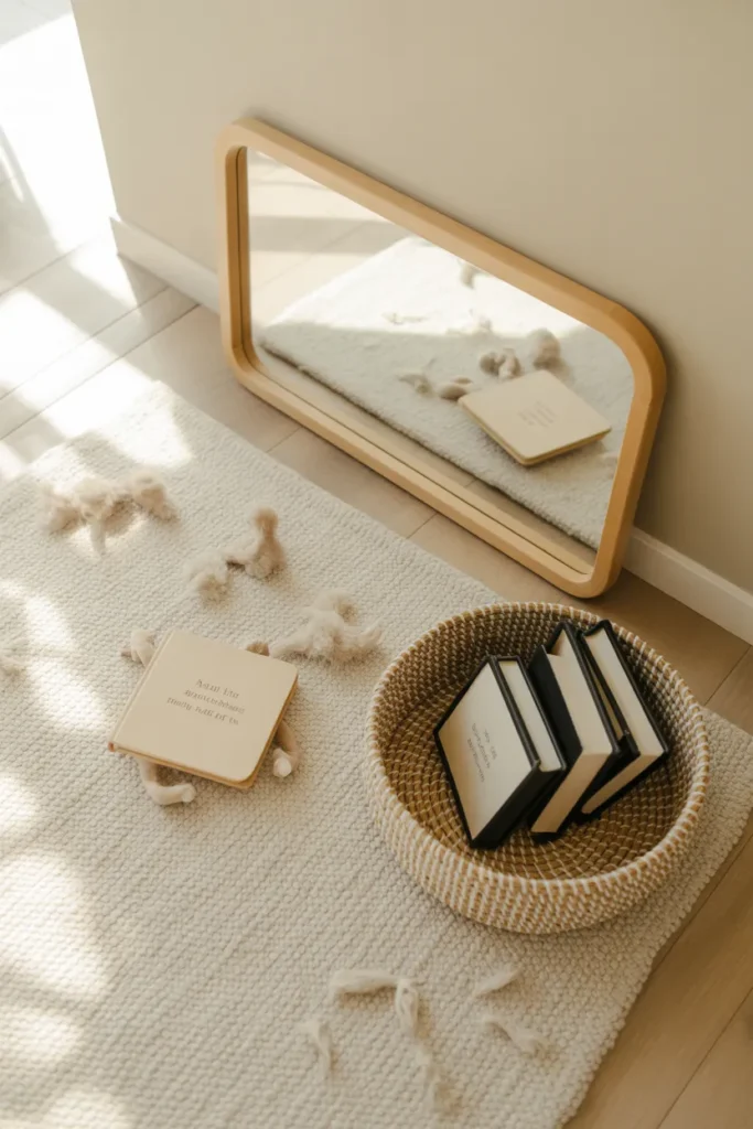 Montessori baby room reading nook with floor mirror and cloth books in basket.