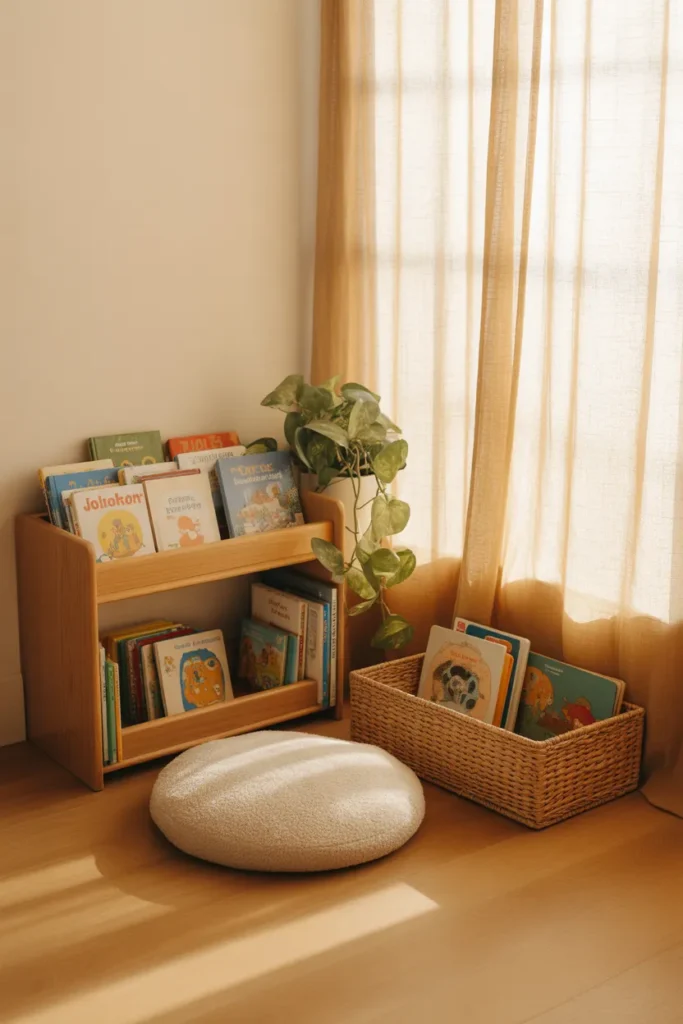 Montessori reading nook with forward-facing bookshelf and cream floor cushion in sunlit corner.