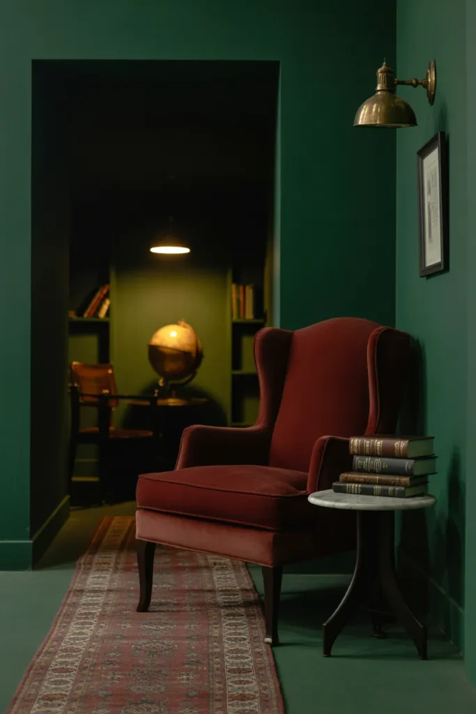 Moody dark academia basement reading nook with forest green walls, oxblood velvet wingback, and brass library light.