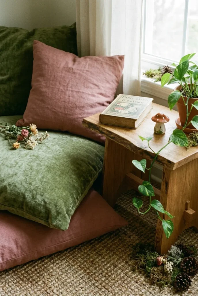 Mossy fairy tale reading nook with floor cushions, pothos plant, and ceramic mushroom on jute rug.