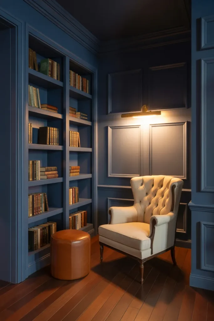 Navy and ivory reading nook color palette with built-in bookshelves